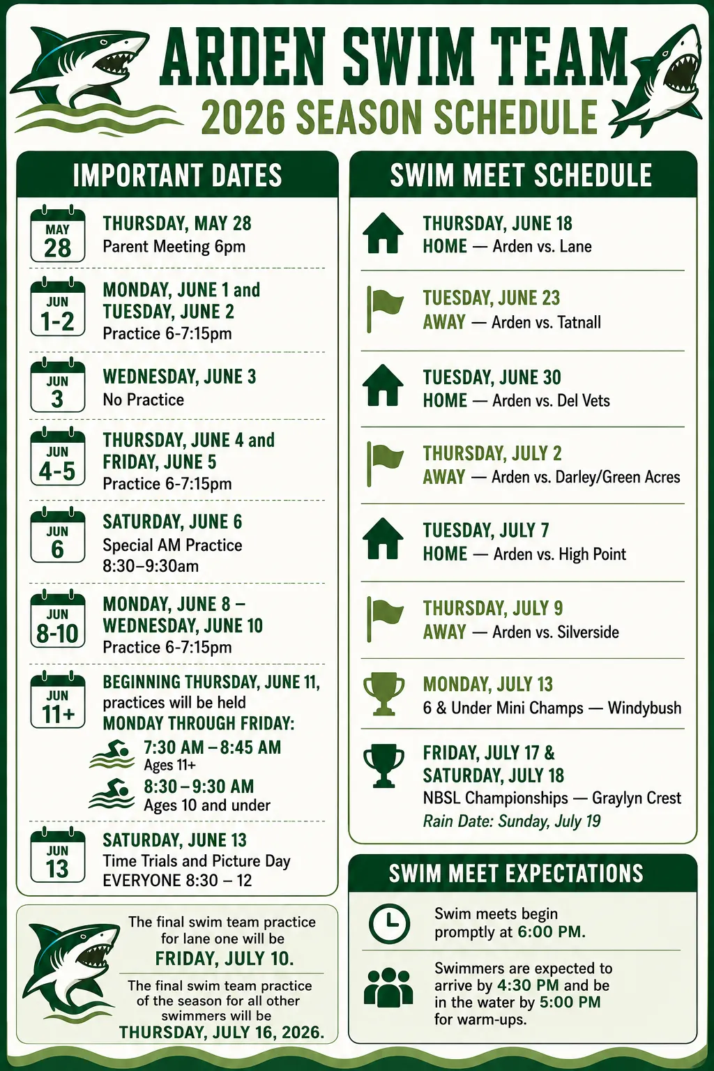 Flyer for the Arden Shark Swim Schedule
