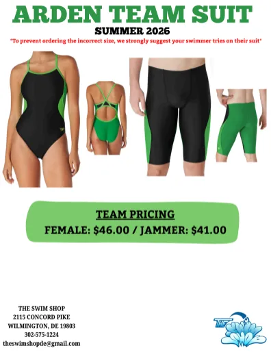 Flyer for the Arden Shark Swim Team Suit