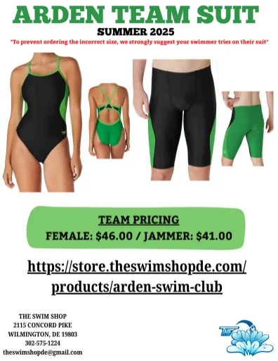 Flyer for the Arden Shark Swim Team Suit