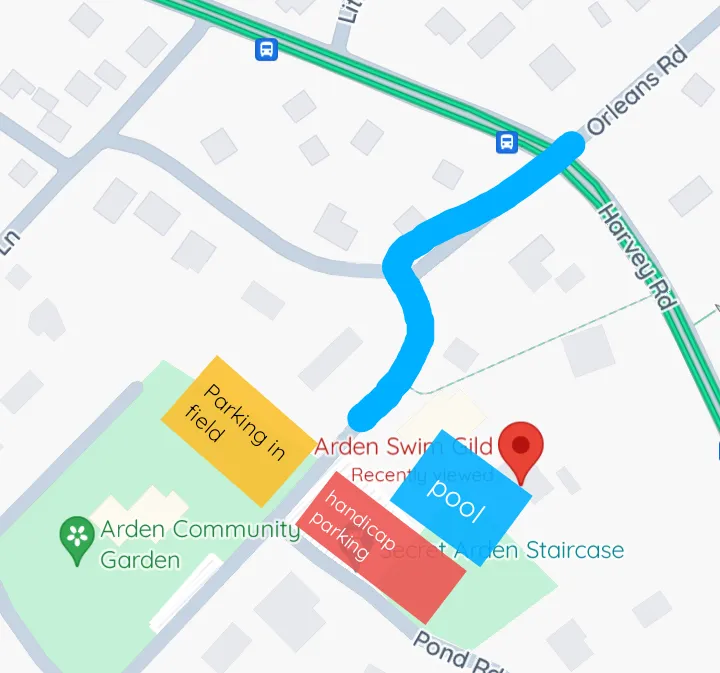 Map of parking at the pool and walking to seating area